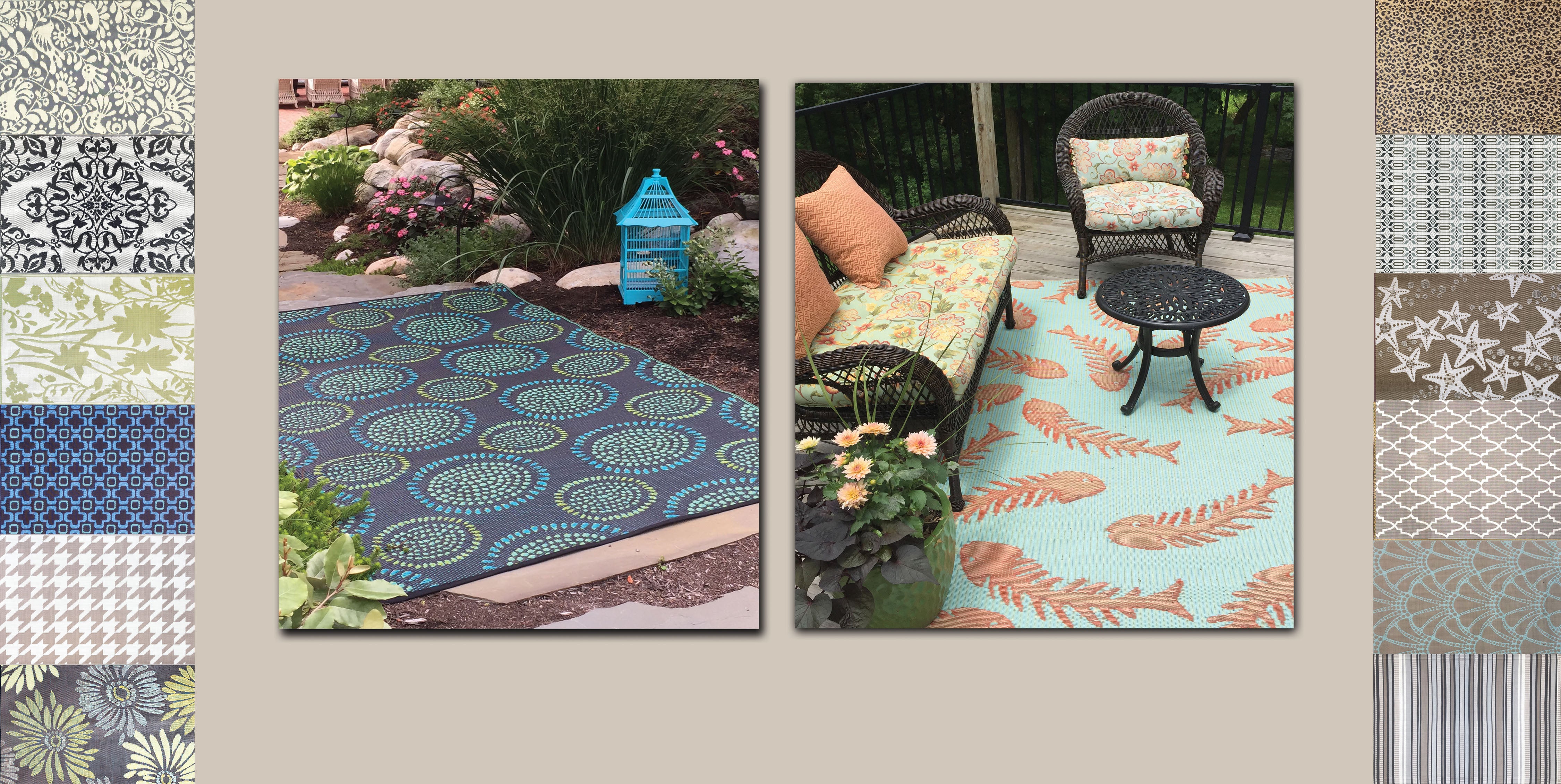 Mad Mats by Mariachi, recycled plastic outdoor carpets! Love, just hose  off! Many designs!