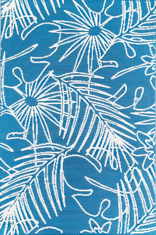 Palm Leaf Turquoise White Outdoor Mat