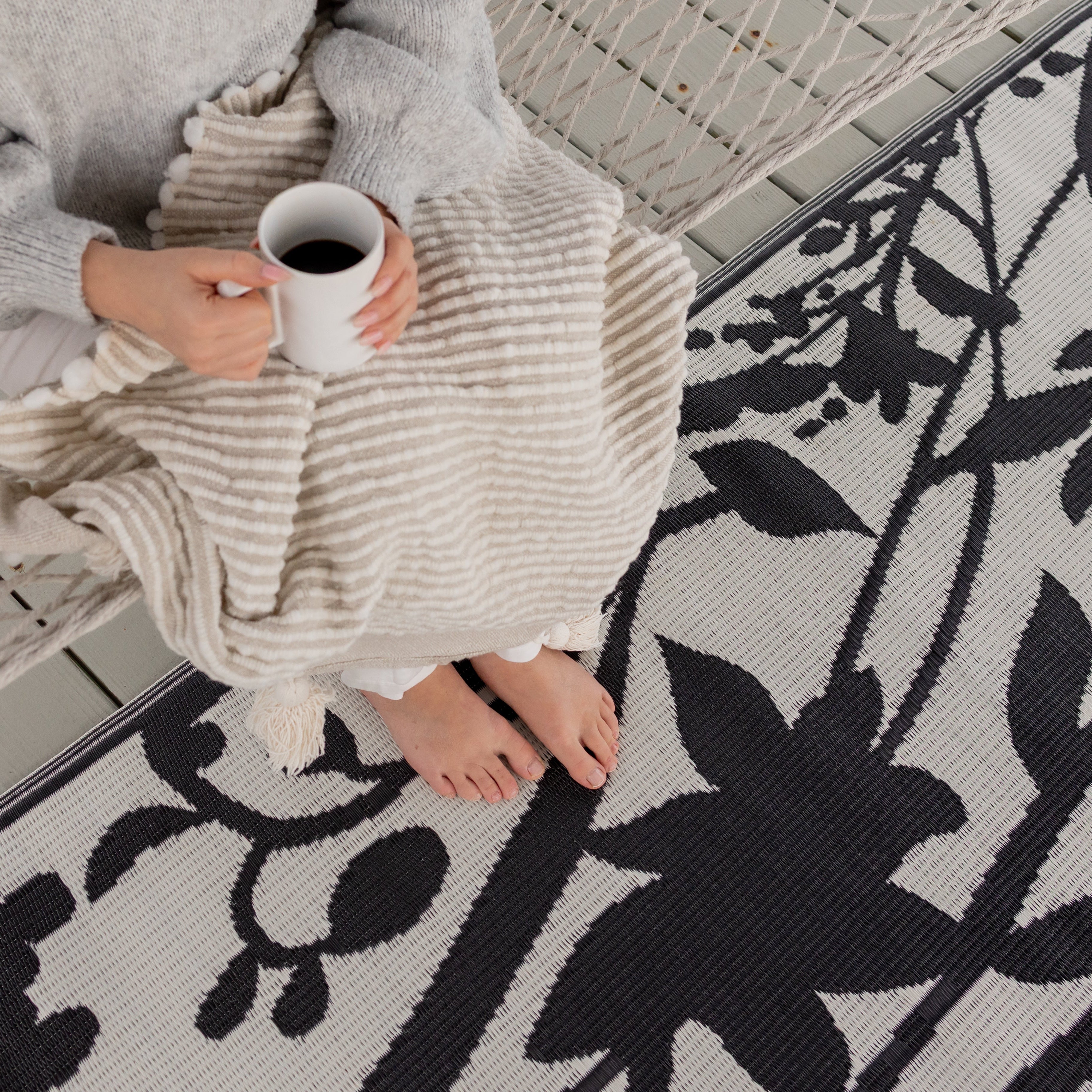 Bellingrath Black & White Outdoor Mat - Bold Floral Design | Mad Mats